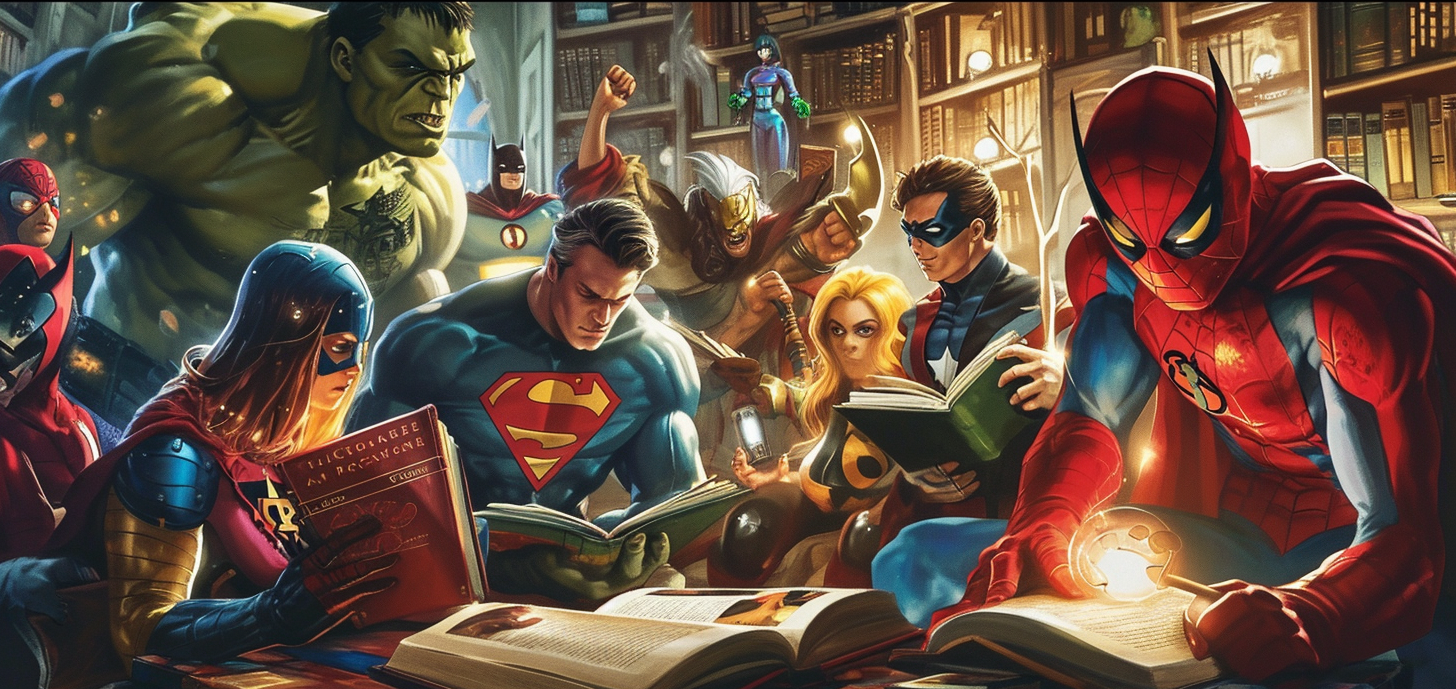 SuperHeroes reading books at a library.