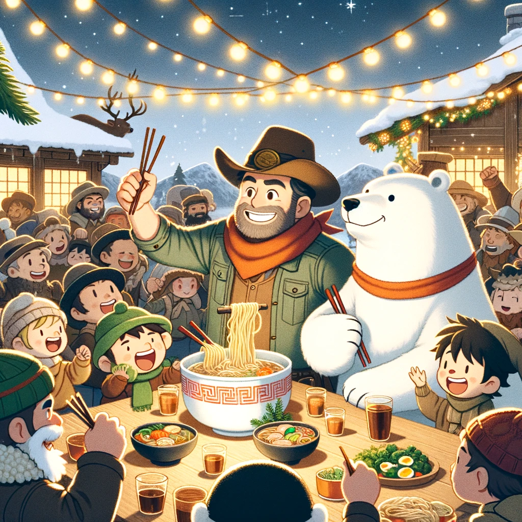 A joyful scene of a cowboy and a polar bear chef celebrating with a crowd of villagers around a table of ramen under Christmas lights.