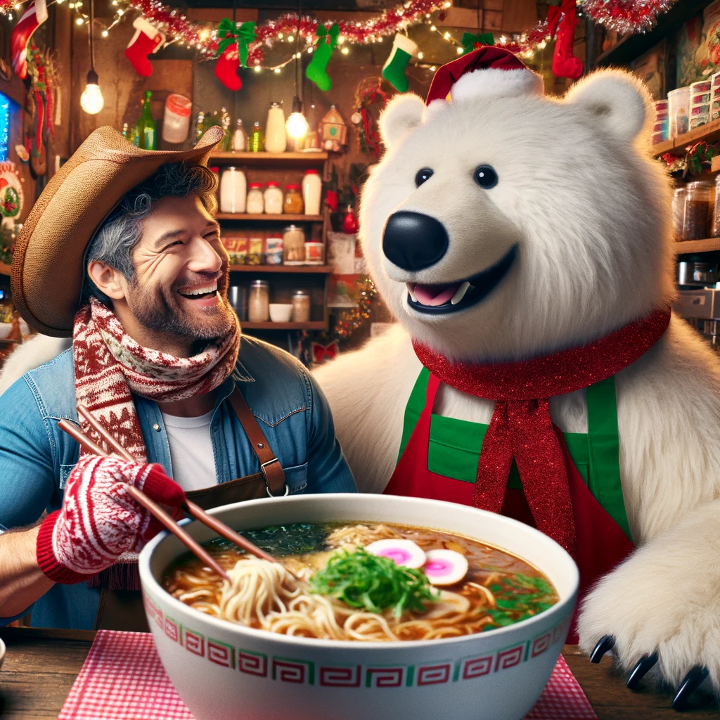 A cowboy and a polar bear chef laughing together over a steaming pot of ramen in a lively, Christmas-themed noodle shop.