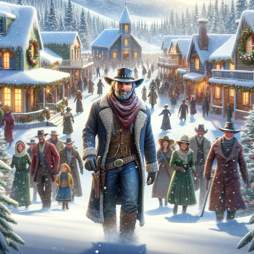A cowboy with a wide-brimmed hat and winter coat entering a snowy, Christmas-decorated village filled with cheerful residents.