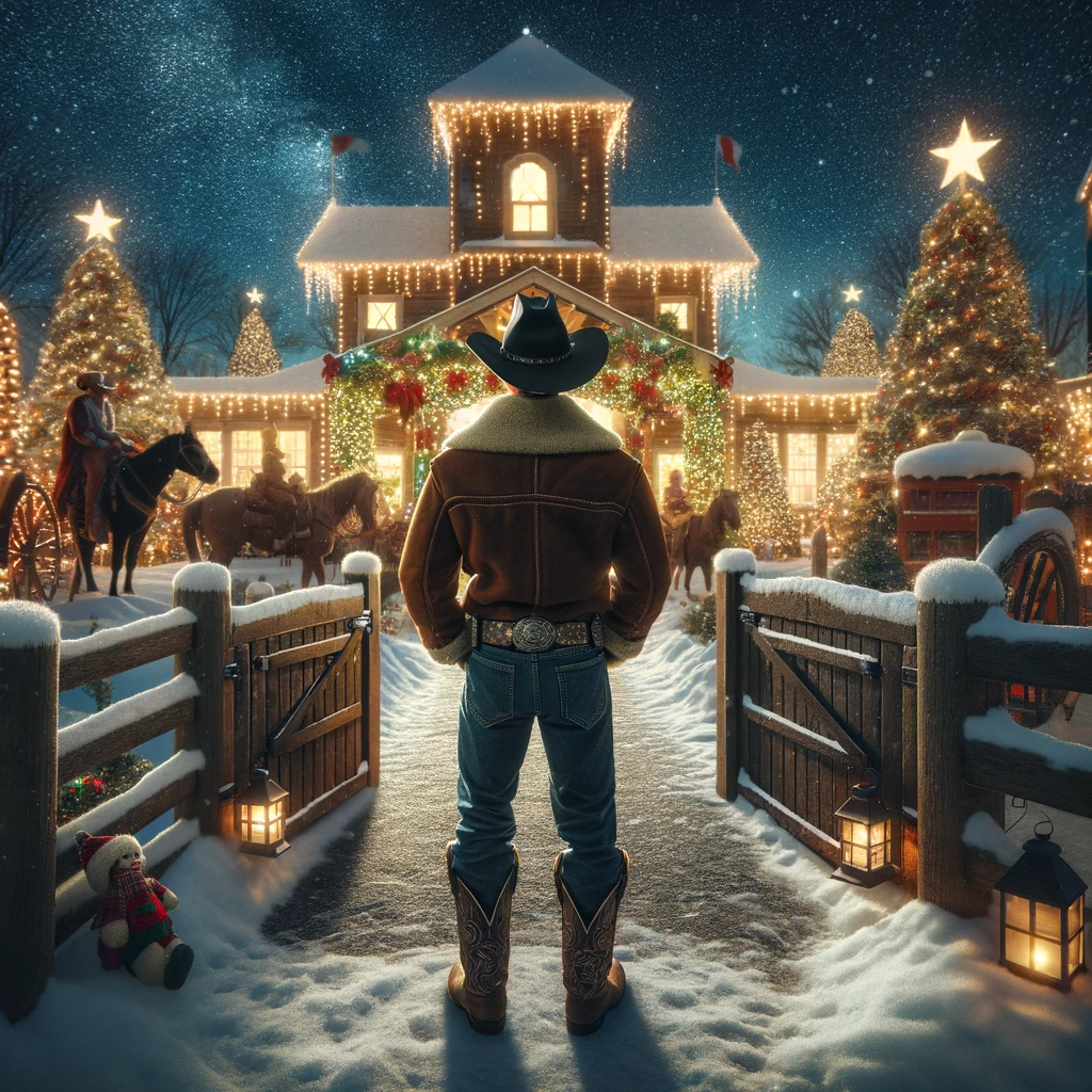 A cowboy in winter attire, standing at the entrance of a festive, snowy North Pole village, with twinkling Christmas lights and cheerful decorations, under a starry night sky.