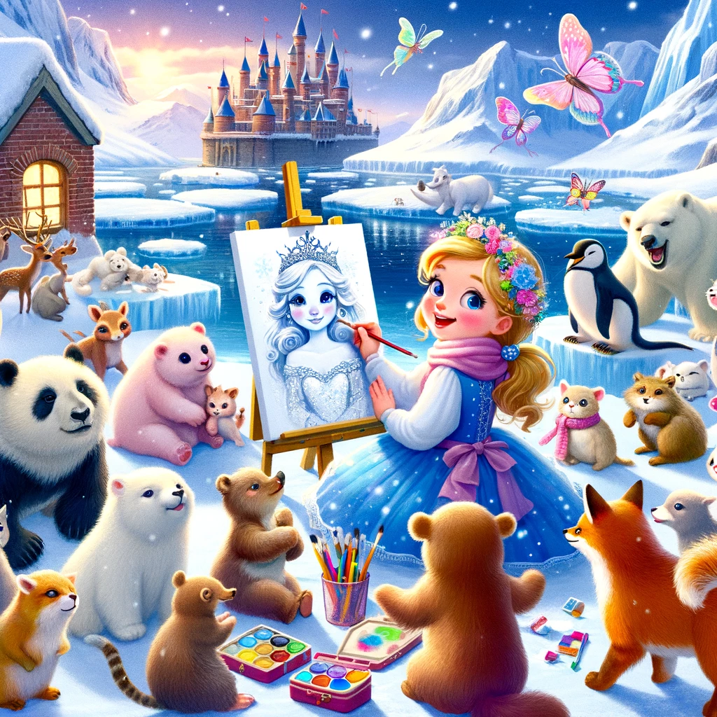 A gathering of animals and ice fairies around Princess Lely as she draws colorful portraits for them in Antarctica.