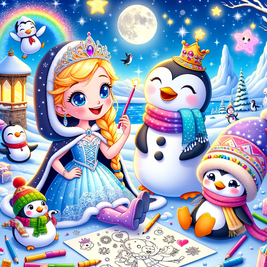 Princess Lely surrounded by her magical drawings come to life, including a polka-dotted penguin and a laughing snowman, in the Antarctic setting.
