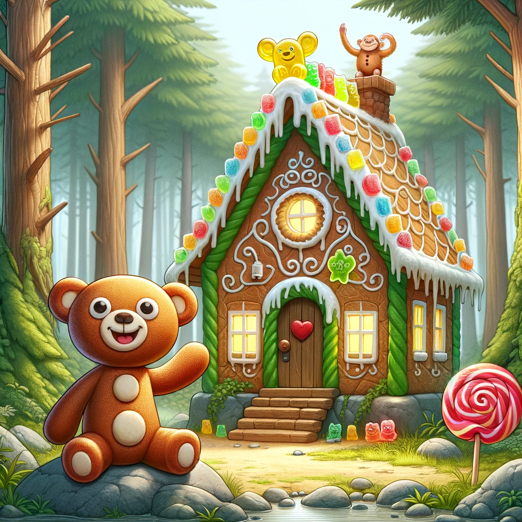 Monkey and Gummy Bear in front of a Gingerbread House