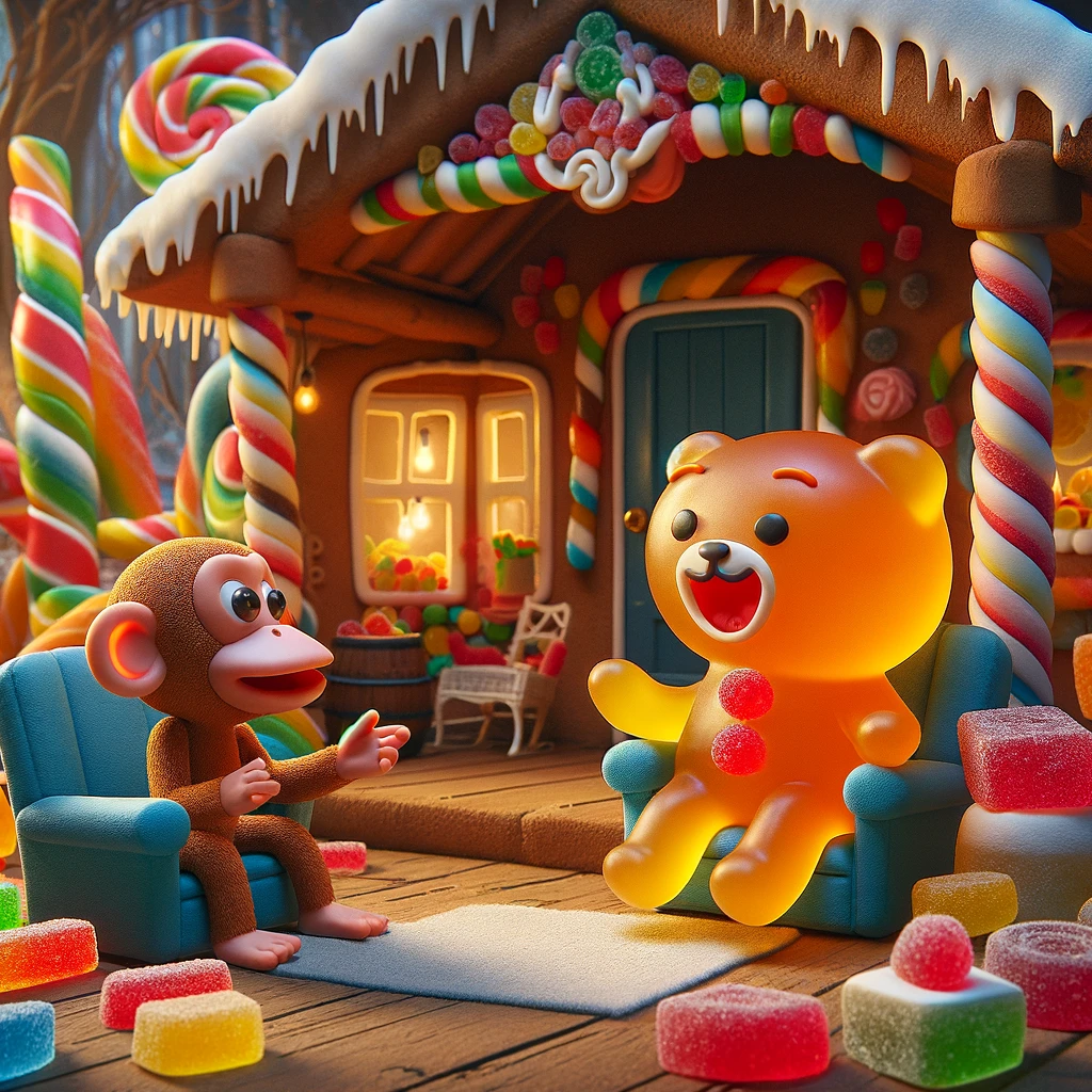 Monkey and Gummy Bear Meeting Inside Gingerbread House