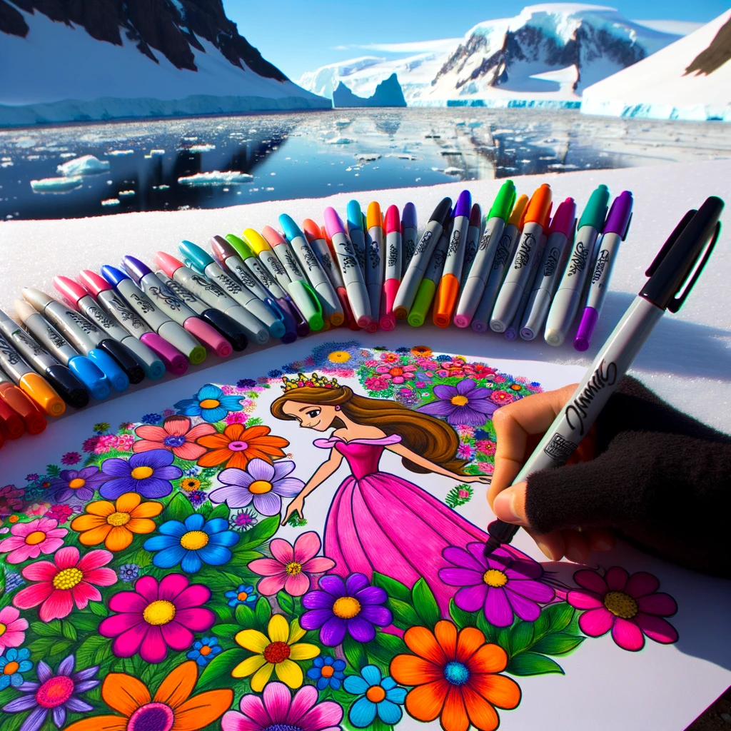 Princess Lely drawing colorful flowers on the snow with Sharpie markers, in the background, the icy landscape of Antarctica.