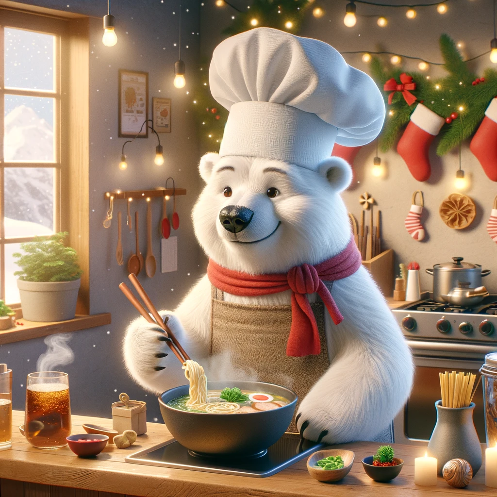 A friendly polar bear in a chef's hat and apron cooking ramen in a cozy, festive noodle shop at the North Pole.