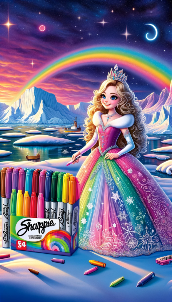 A whimsical illustration of Princess Lely in a colorful gown, holding a box of Sharpie markers, with a backdrop of Antarctica, vibrant drawings on snow, and a rainbow arched in the sky.