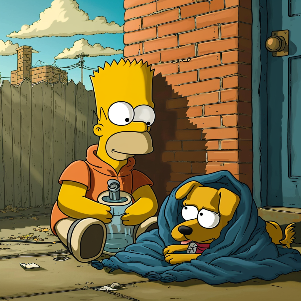 Bart Simpson caring for his overstuffed dog.