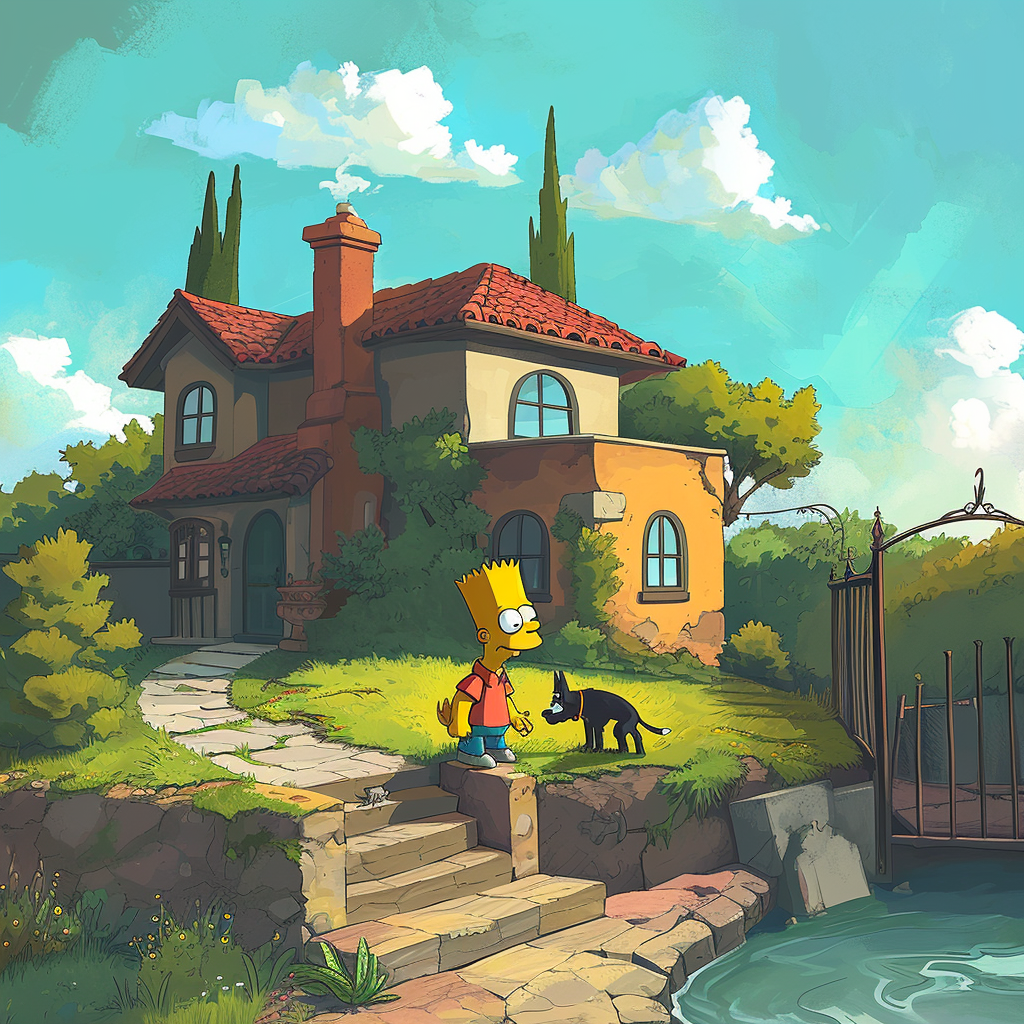 Bart and his dog sharing a moment of friendship, with a backdrop of the Simpsons' house.