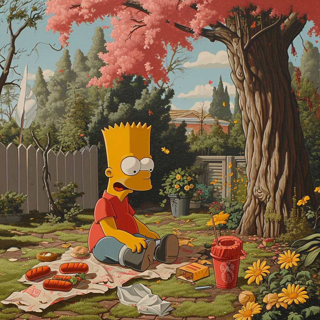 Bart Simpson finding his dog with hotdog wrappers in the garden.