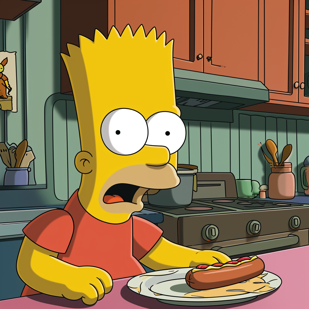 Bart Simpson looking shocked at an empty plate in the kitchen
