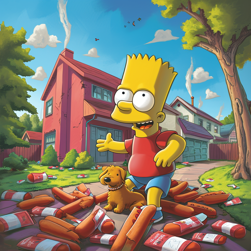 Bart Simpson with a playful dog and hotdog wrappers in a cartoon suburban house.