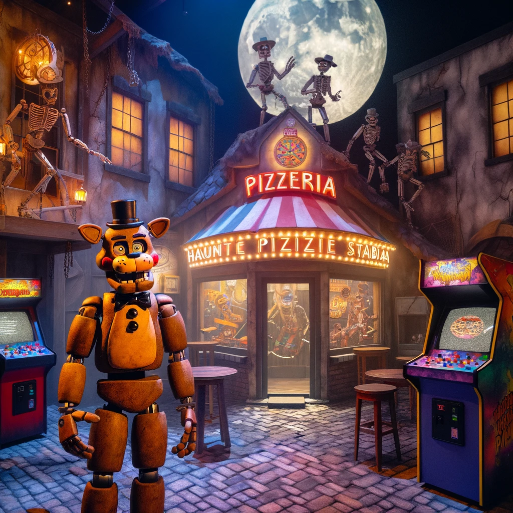 Freddy the Animatronic in front of a Haunted Pizzeria