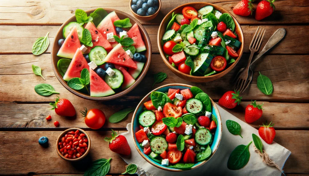 A variety of fresh salads in bowls, including watermelon salad with feta and mint, cucumber and tomato salad, and strawberry and spinach salad, set on a rustic wooden table.