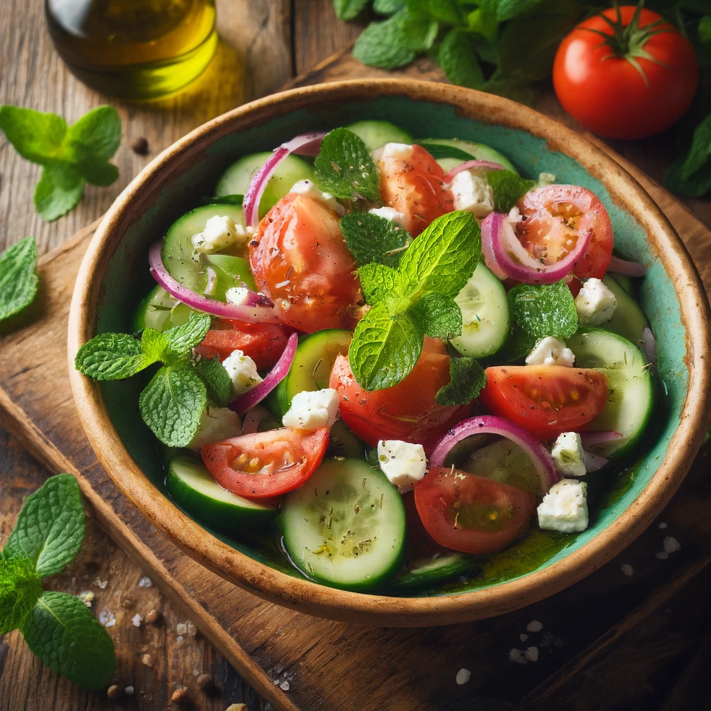 A crisp and colorful cucumber and tomato salad in a rustic bowl, topped with crumbled feta cheese and fresh mint leaves, set on a wooden table. The salad includes diced cucumbers, chopped tomatoes, and thinly sliced red onions, drizzled with olive oil and red wine vinegar.
