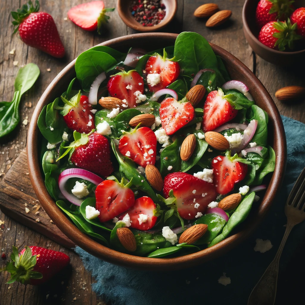 A fresh and vibrant strawberry and spinach salad in a rustic bowl, topped with crumbled feta cheese, thinly sliced red onions, and toasted almond slices, set on a wooden table. The salad is drizzled with balsamic vinaigrette, showcasing bright red strawberries, fresh green spinach, and white feta.